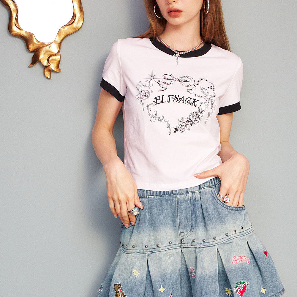 ELFSACK Embroidered Studded Denim Halter Short Skirt