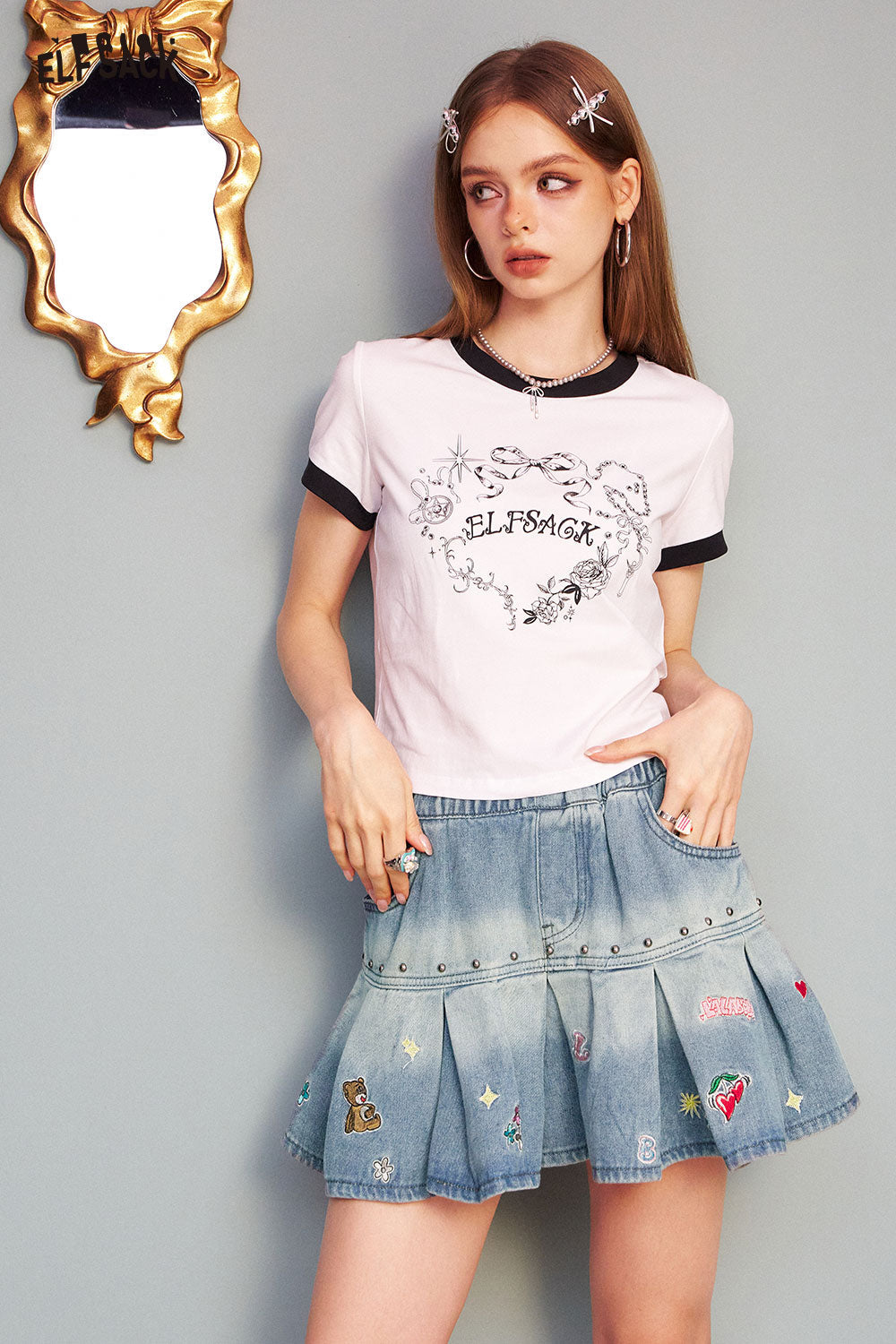 ELFSACK Embroidered Studded Denim Halter Short Skirt