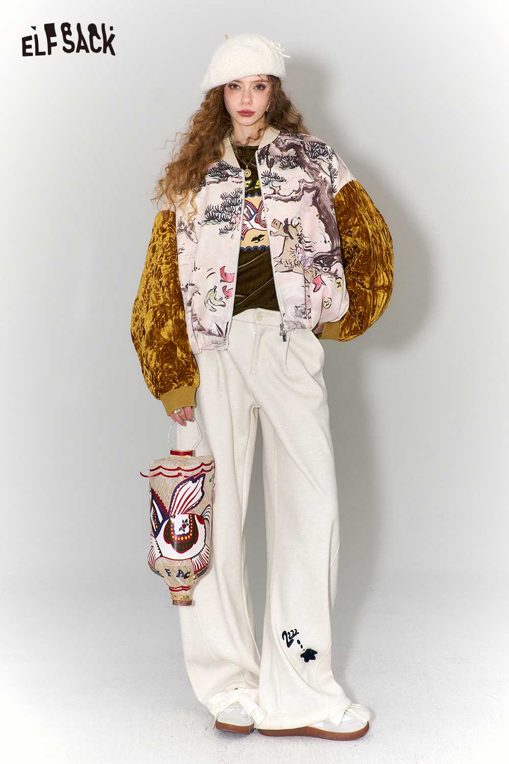 ELFSACK flying horse print t-shirt styled with a colorful bomber jacket and wide-leg pants