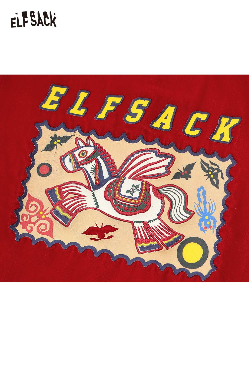 ELFSACK flying horse print t-shirt in bold red with colorful graphic design for casual wear
