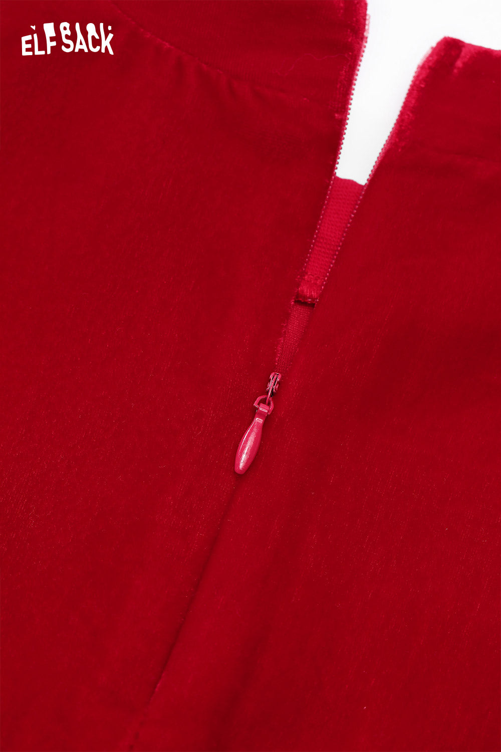 Close-up of ELFSACK red t-shirt with zipper and flying horse print t-shirt design