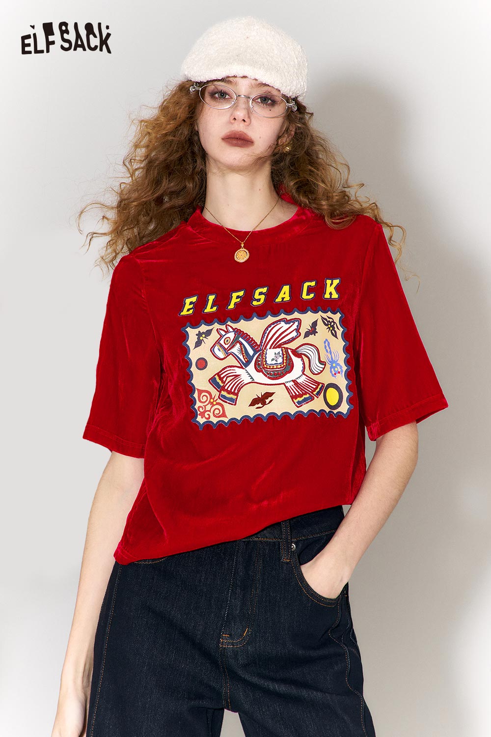 Red ELFSACK flying horse print t-shirt with vibrant graphic design for trendy casual wear