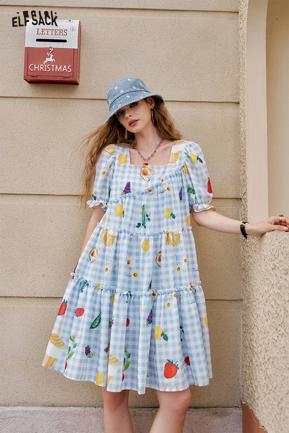 ELFSACK Fruit Print Blue And White Checkered Bubble Sleeve Chic Dress