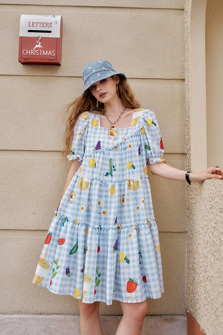ELFSACK Fruit Print Blue And White Checkered Bubble Sleeve Chic Dress