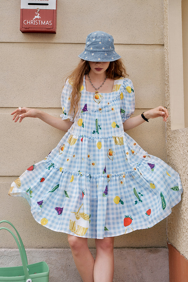 ELFSACK Fruit Print Blue And White Checkered Bubble Sleeve Chic Dress