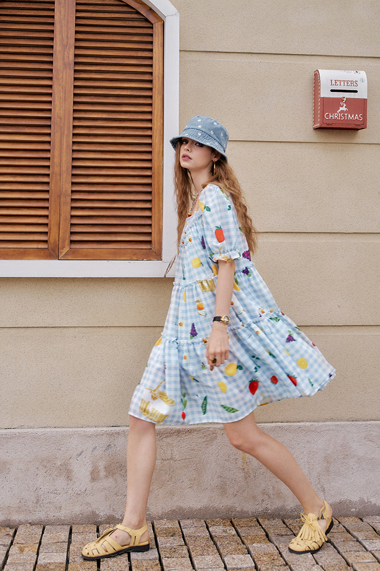 ELFSACK Fruit Print Blue And White Checkered Bubble Sleeve Chic Dress
