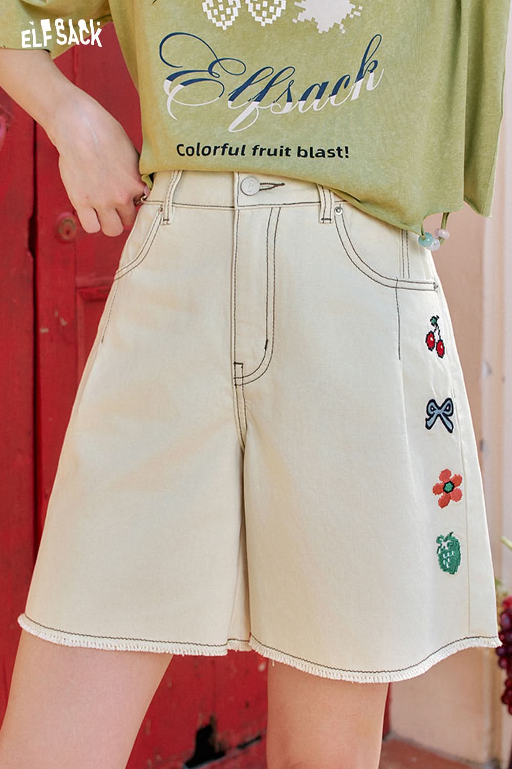 ELFSACK Fun Embroidery High Waisted Denim Chic Shorts