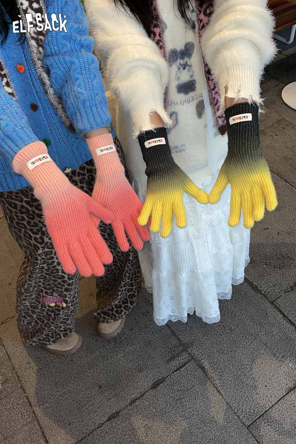 ELFSACK gradient rubber coated gloves in pink, yellow, and green colors for stylish protection
