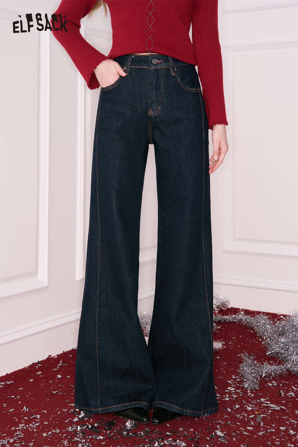 ELFSACK high waist flare leg jeans in dark wash with wide legs and a stylish fit