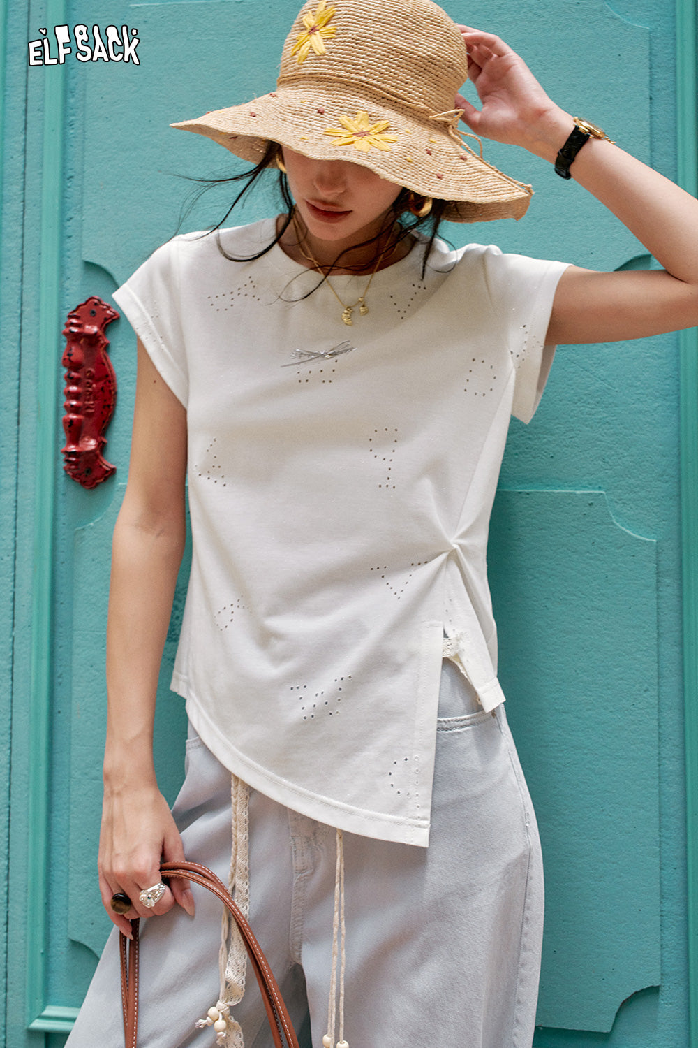ELFSACK Irregular Waist Cinching Chic Short Sleeve T-Shirt
