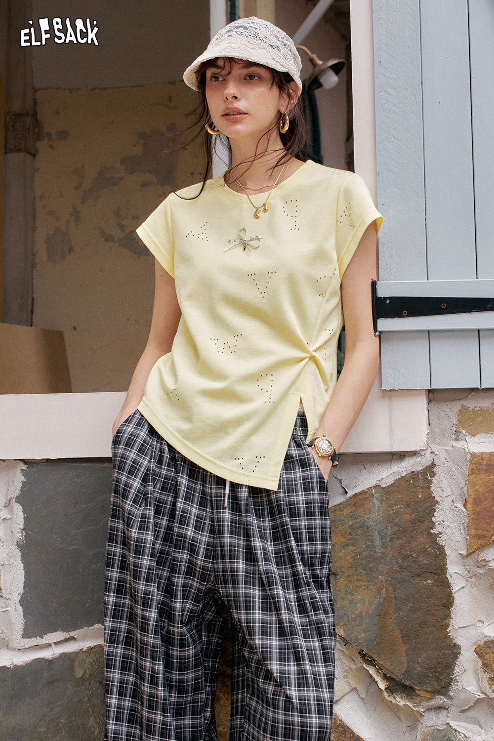 ELFSACK Irregular Waist Cinching Chic Short Sleeve T-Shirt