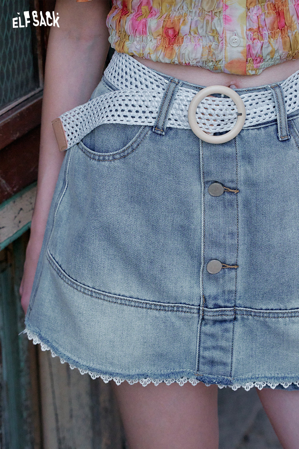 ELFSACK Lace Lace High Waisted Skirt Pants Denim Chic Shorts