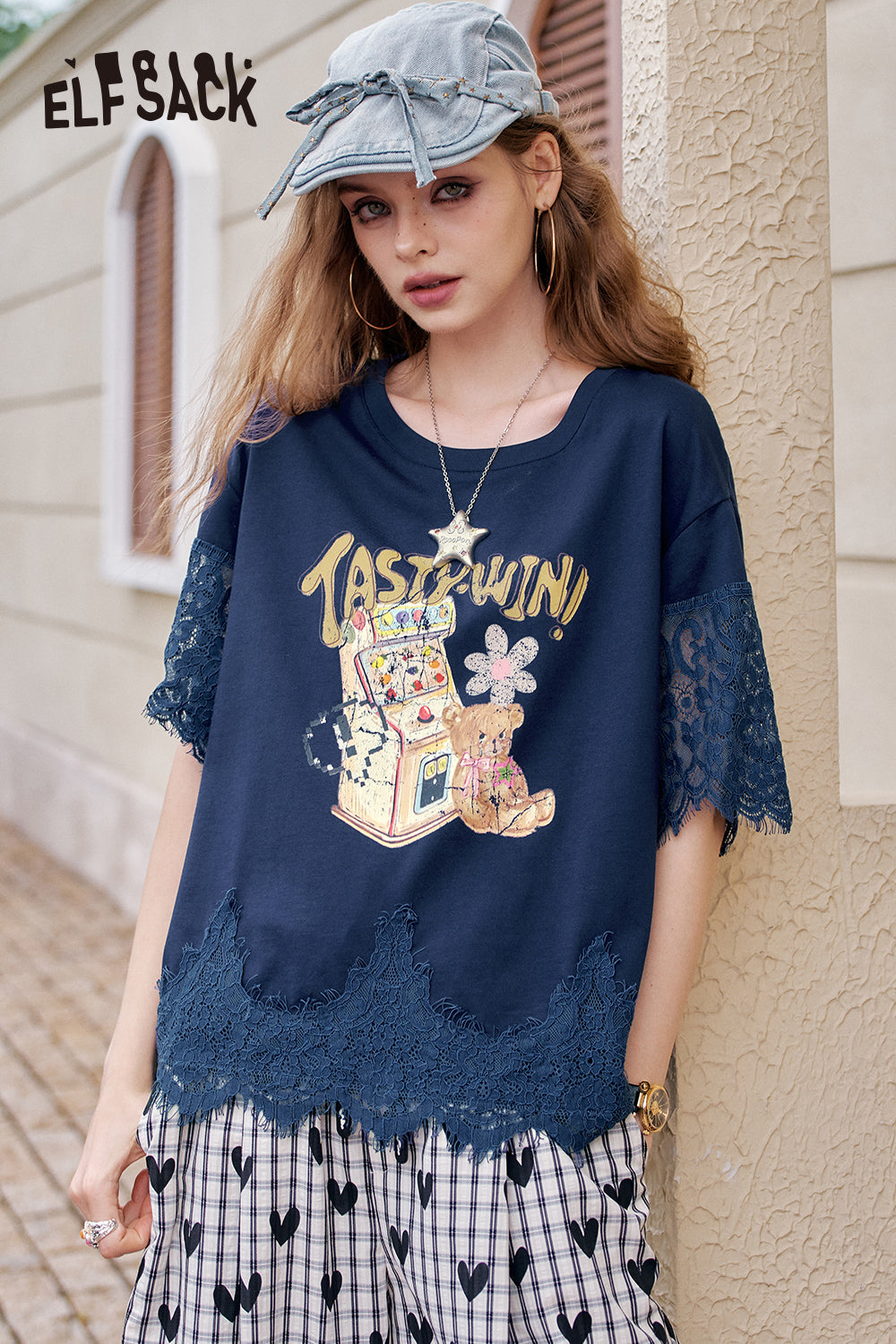 ELFSACK Lace Patchwork Casual Printed Short Sleeve T-Shirt