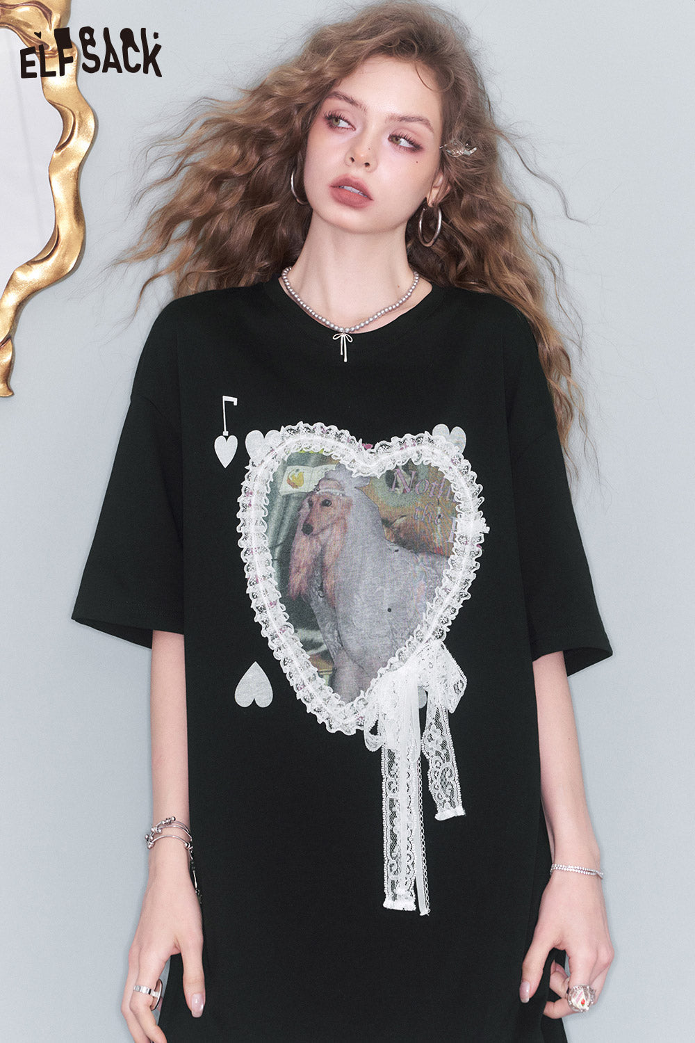 ELFSACK Lace Splicing Printed Mesh Long T Shirt Dress
