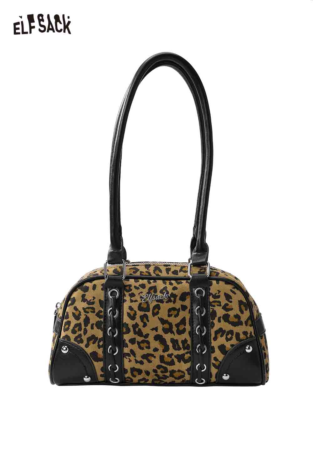 ELFSACK leopard print crossbody bag with stylish black accents and sturdy handles