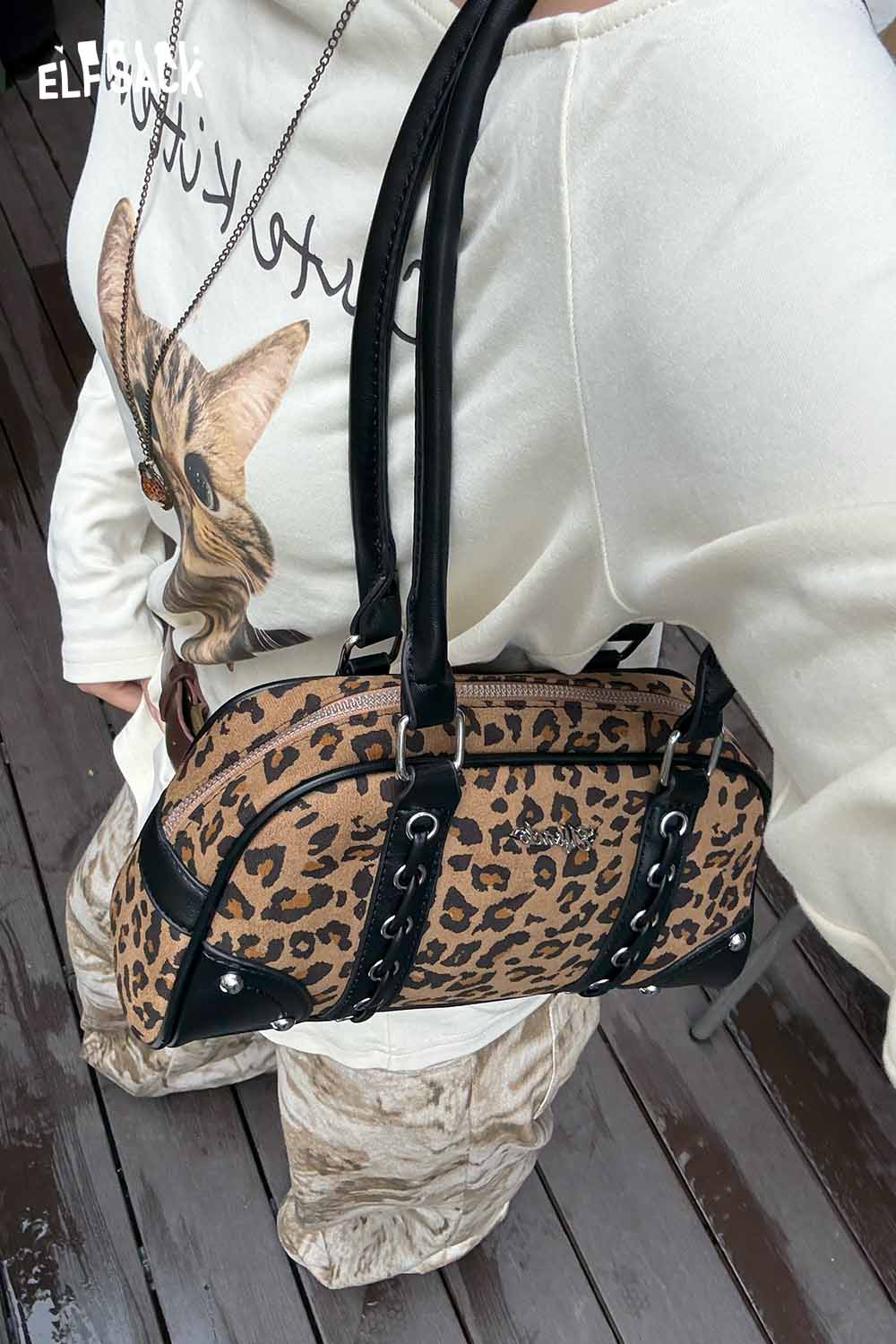 ELFSACK leopard print crossbody bag with stylish design and dual handles for everyday use