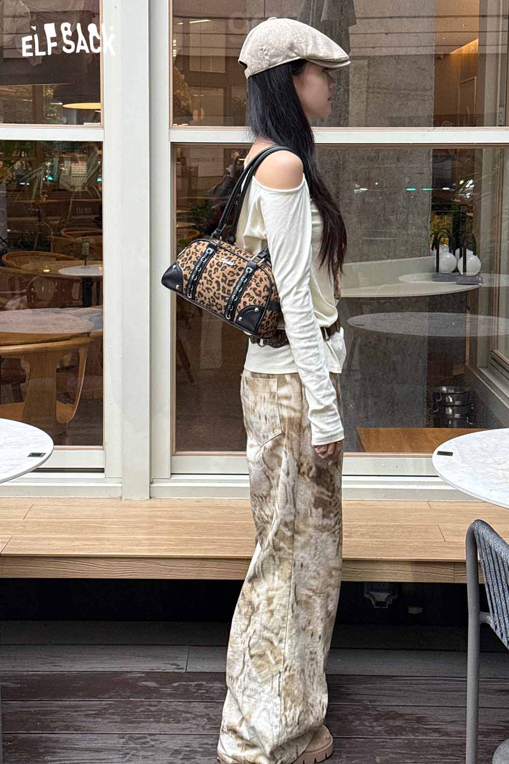 ELFSACK leopard print crossbody bag styled with casual apparel for a trendy look
