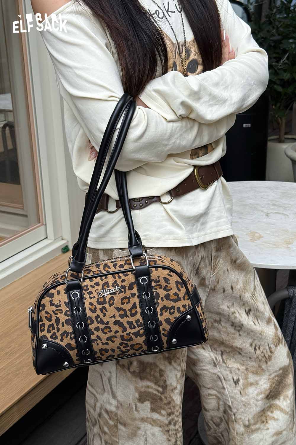 ELFSACK leopard print crossbody bag with versatile design and stylish accents