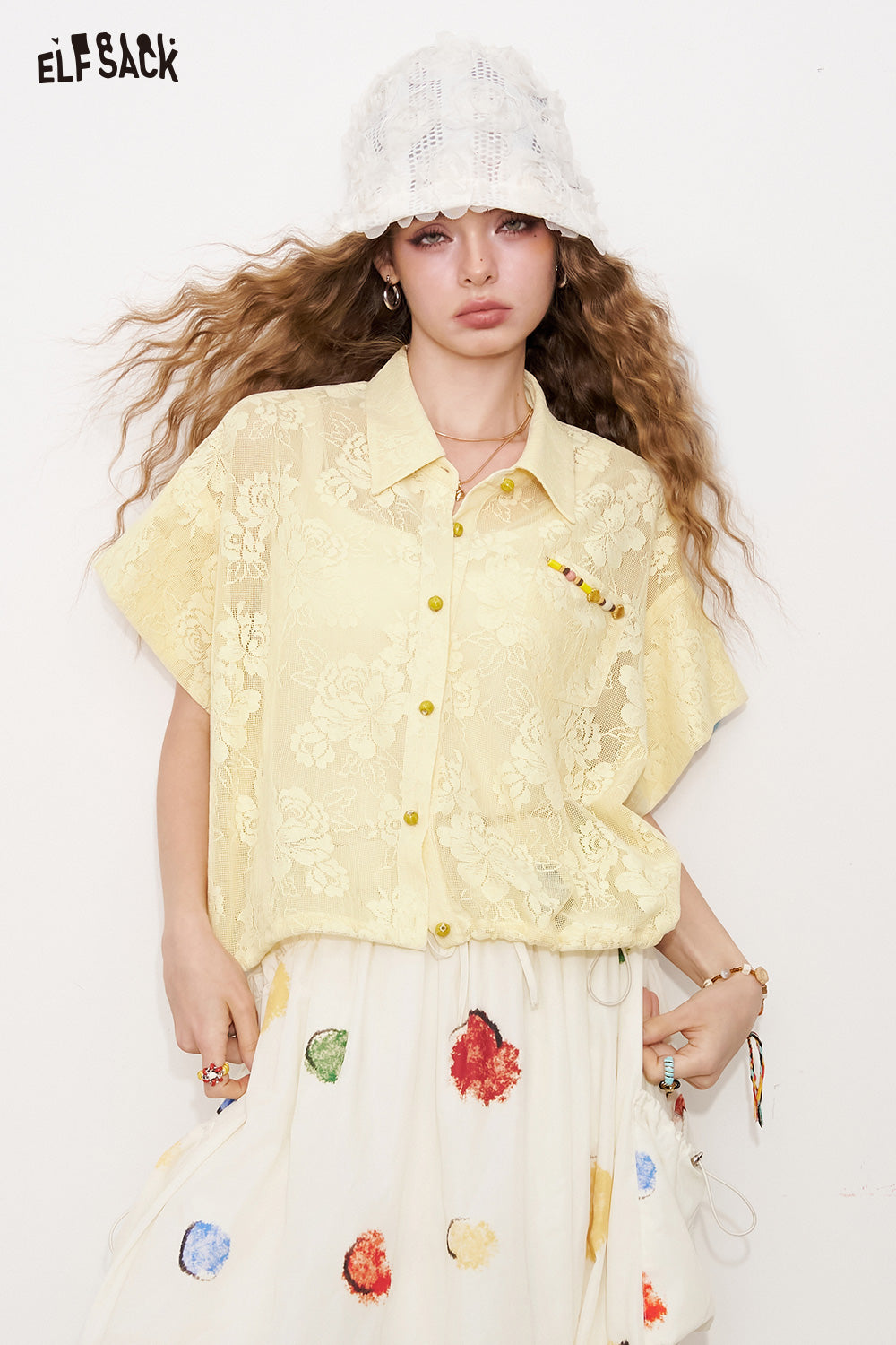 ELFSACK Light Yellow Lace Hollow Short-Sleeved Shirt