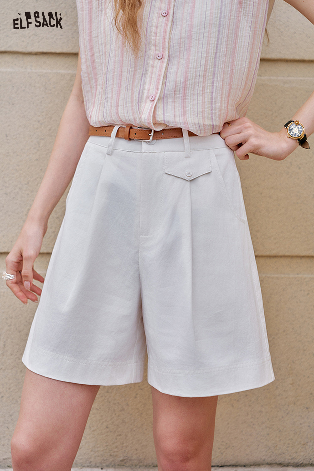 ELFSACK Loose Wide Leg High Waist Versatile Straight Shorts