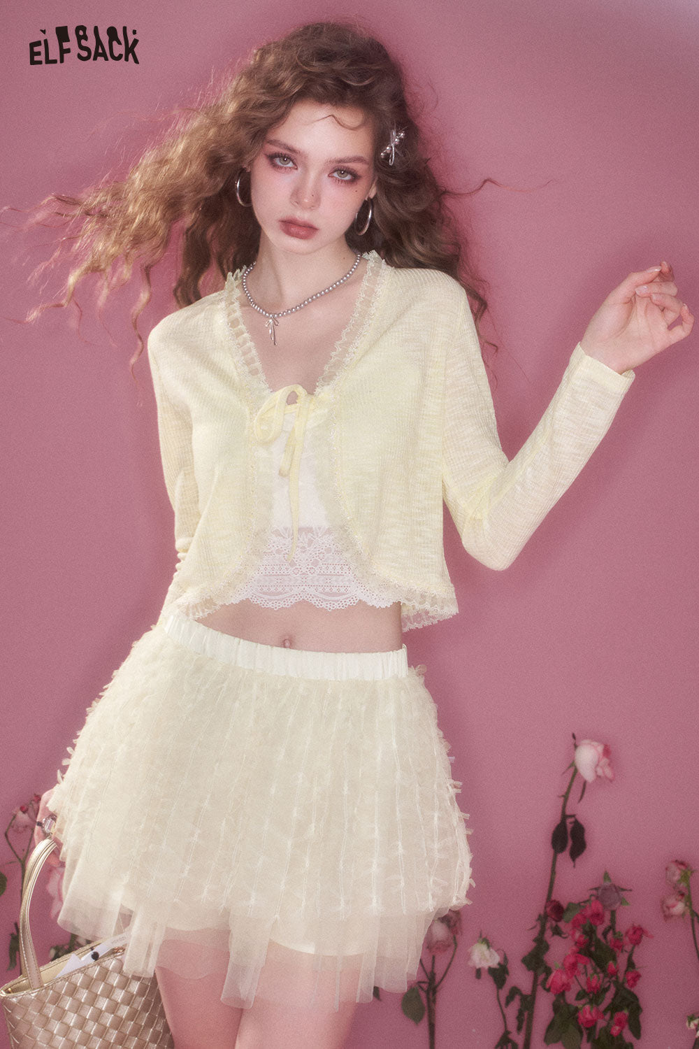 ELFSACK Mesh Splicing Lace Bustier Short Skirt