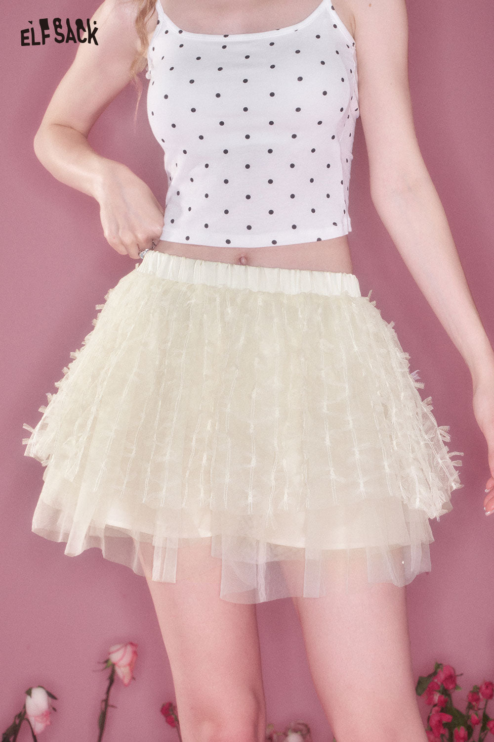 ELFSACK Mesh Splicing Lace Bustier Short Skirt