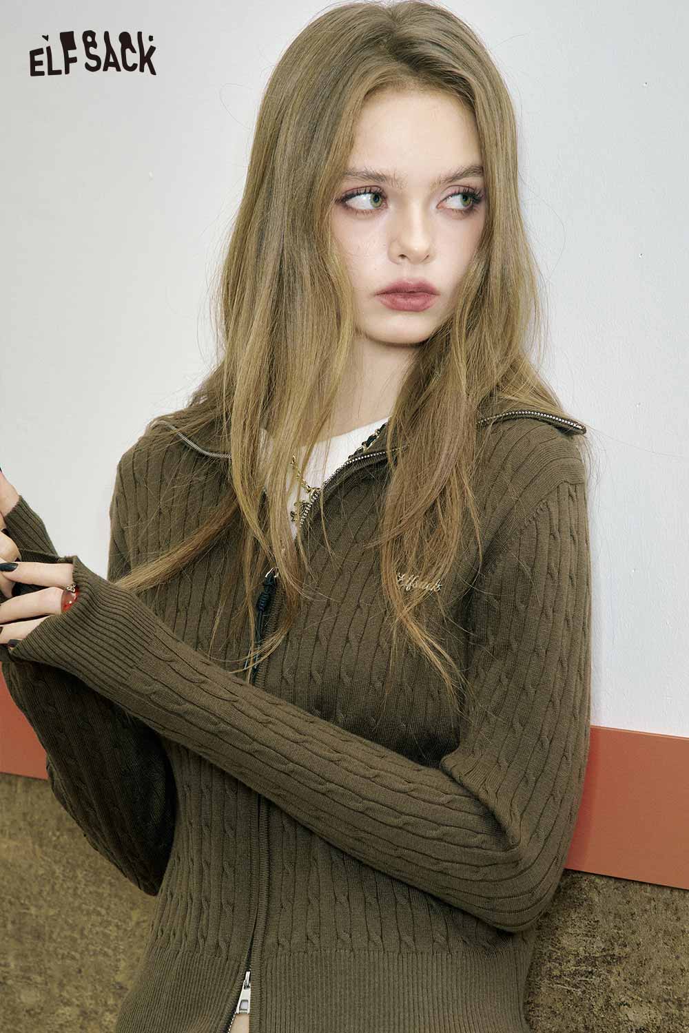 ELFSACK minimalist slim fit knit top in brown with ribbed texture and long sleeves