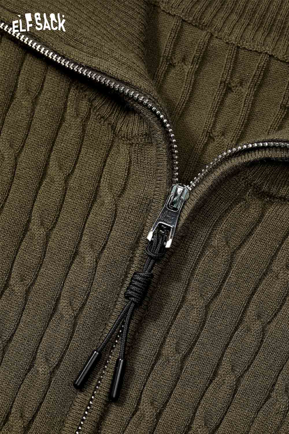 ELFSACK minimalist slim fit knit top in olive green with a stylish zipper detail