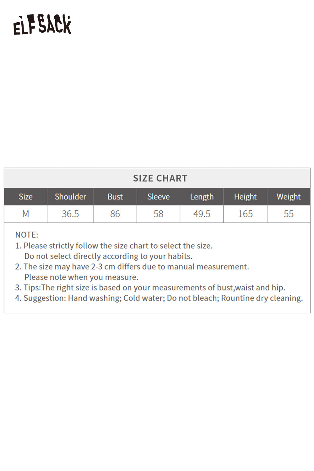 ELFSACK minimalist slim fit knit top size chart with detailed measurements for proper fit