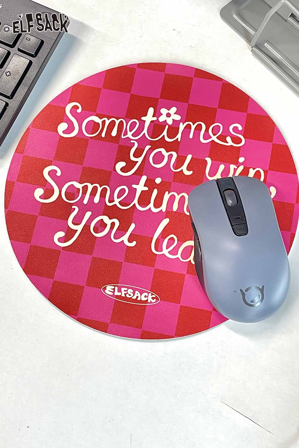 ELFSACK motivational quote mousepad with a pink checkered design and inspirational text