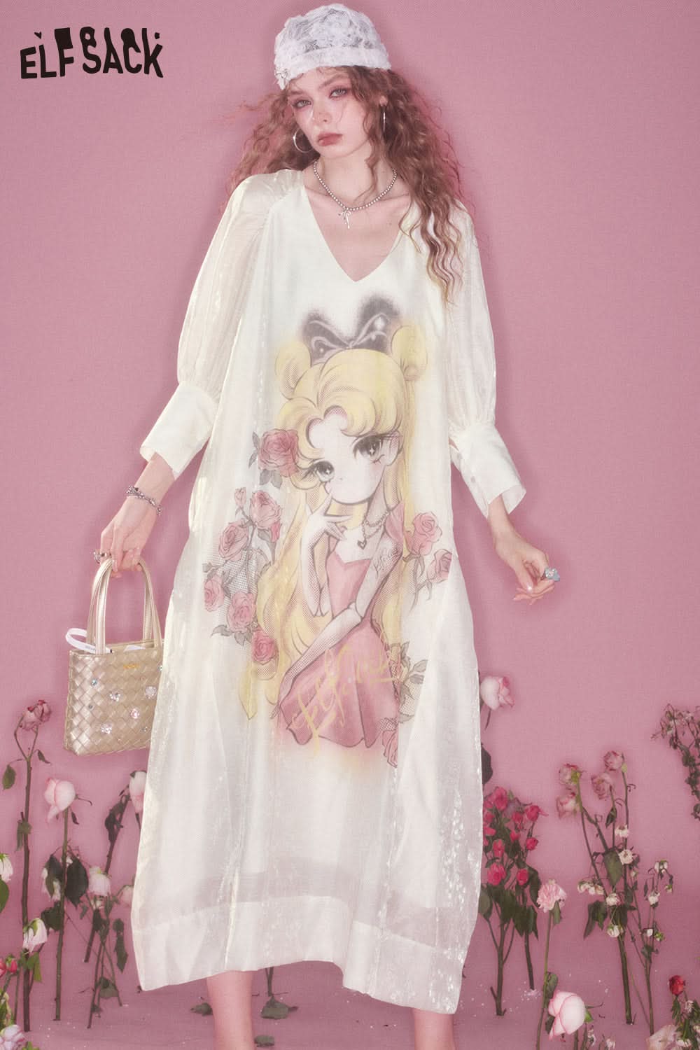 ELFSACK Original Animated Printed V Neck Bubble Sleeve Long Dress