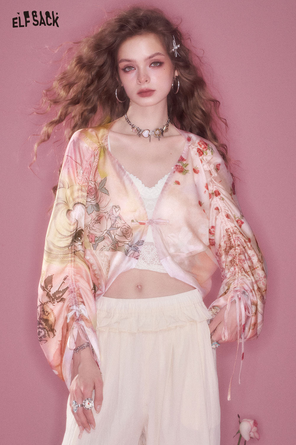 ELFSACK Original Flower Printed Pink Lightweight Cardigan Short Jacket