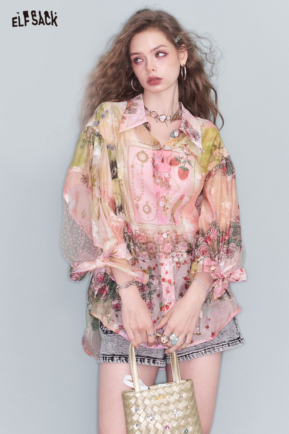ELFSACK Original Full Print Mesh Splicing Light Lace Shirt