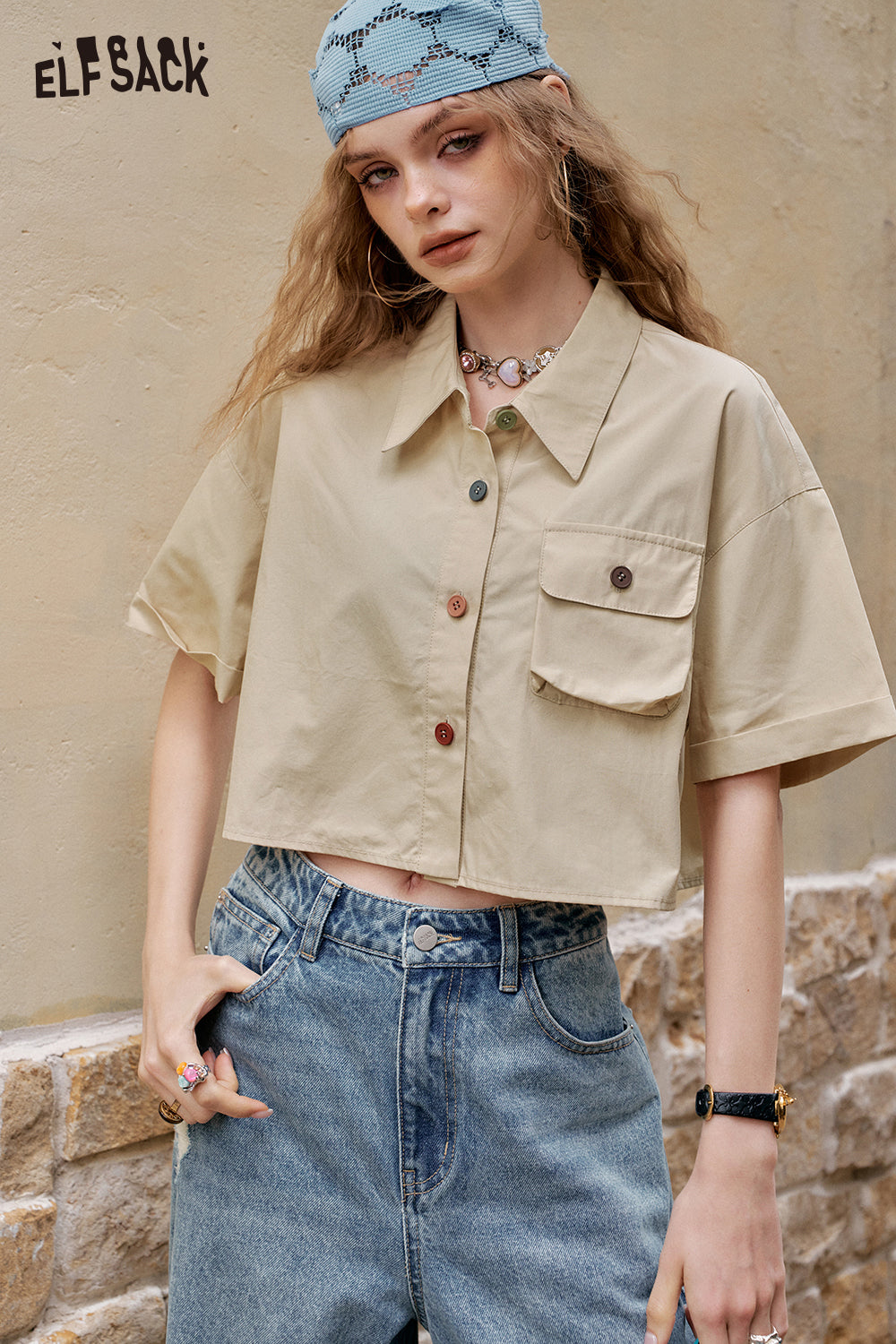 ELFSACK Original Printed Khaki Short Sleeve Casual Shirt
