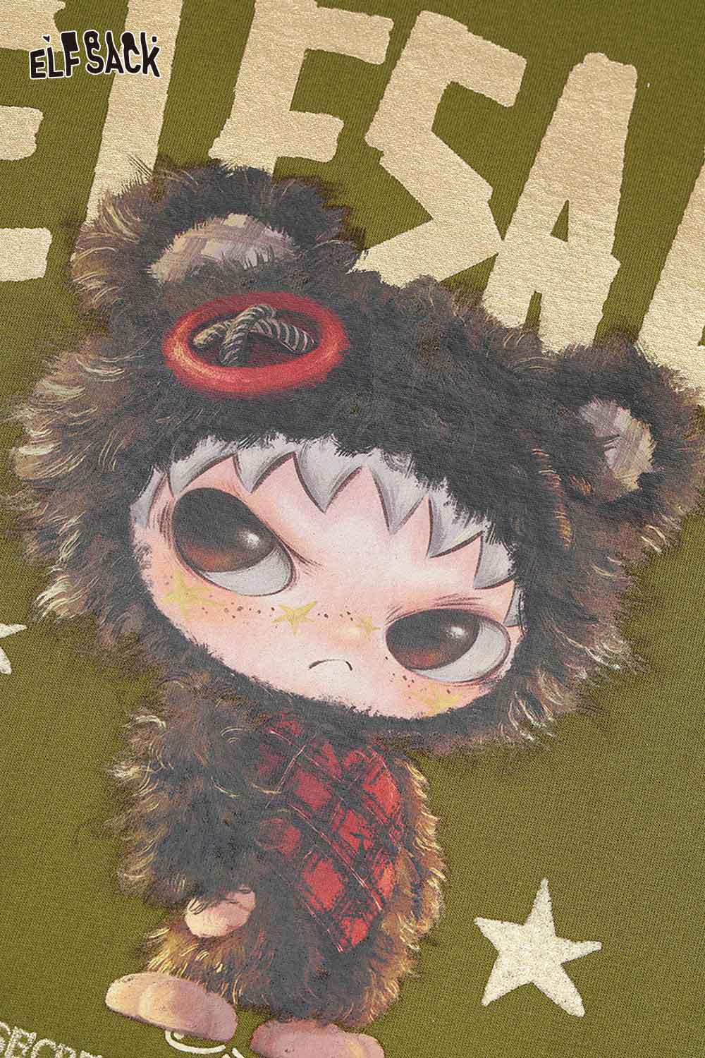 ELFSACK oversized graphic sweatshirt for women featuring a cute bear character design
