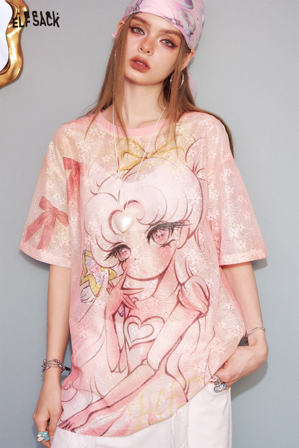 ELFSACK Pink Anime Print Lace T Shirt
