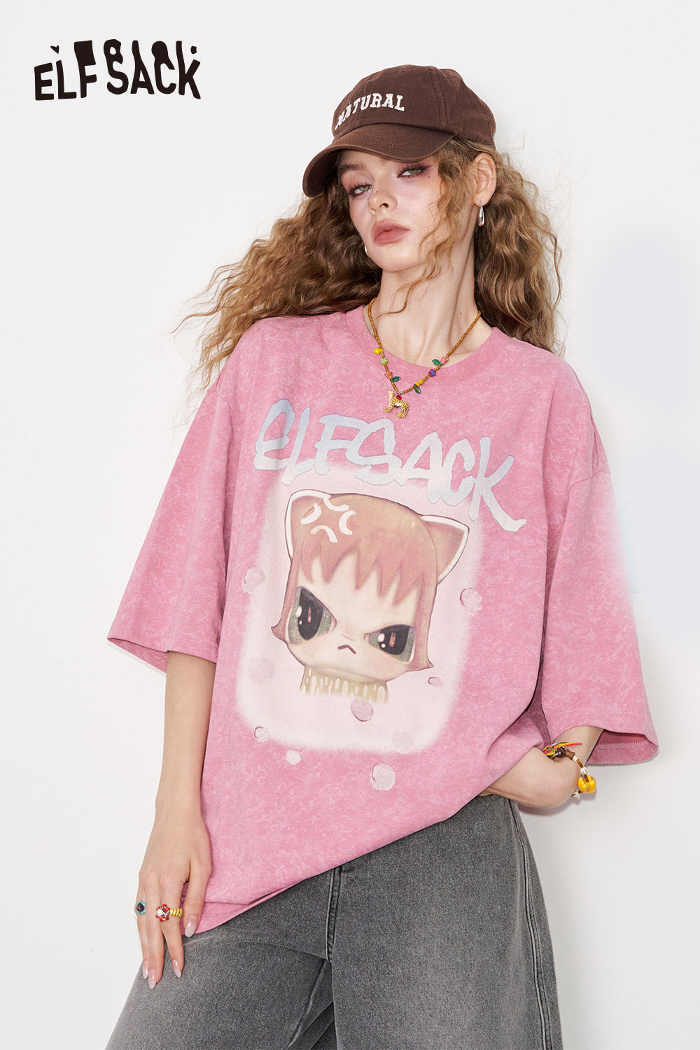 ELFSACK Pink Cartoon Print Short-Sleeved T-Shirt