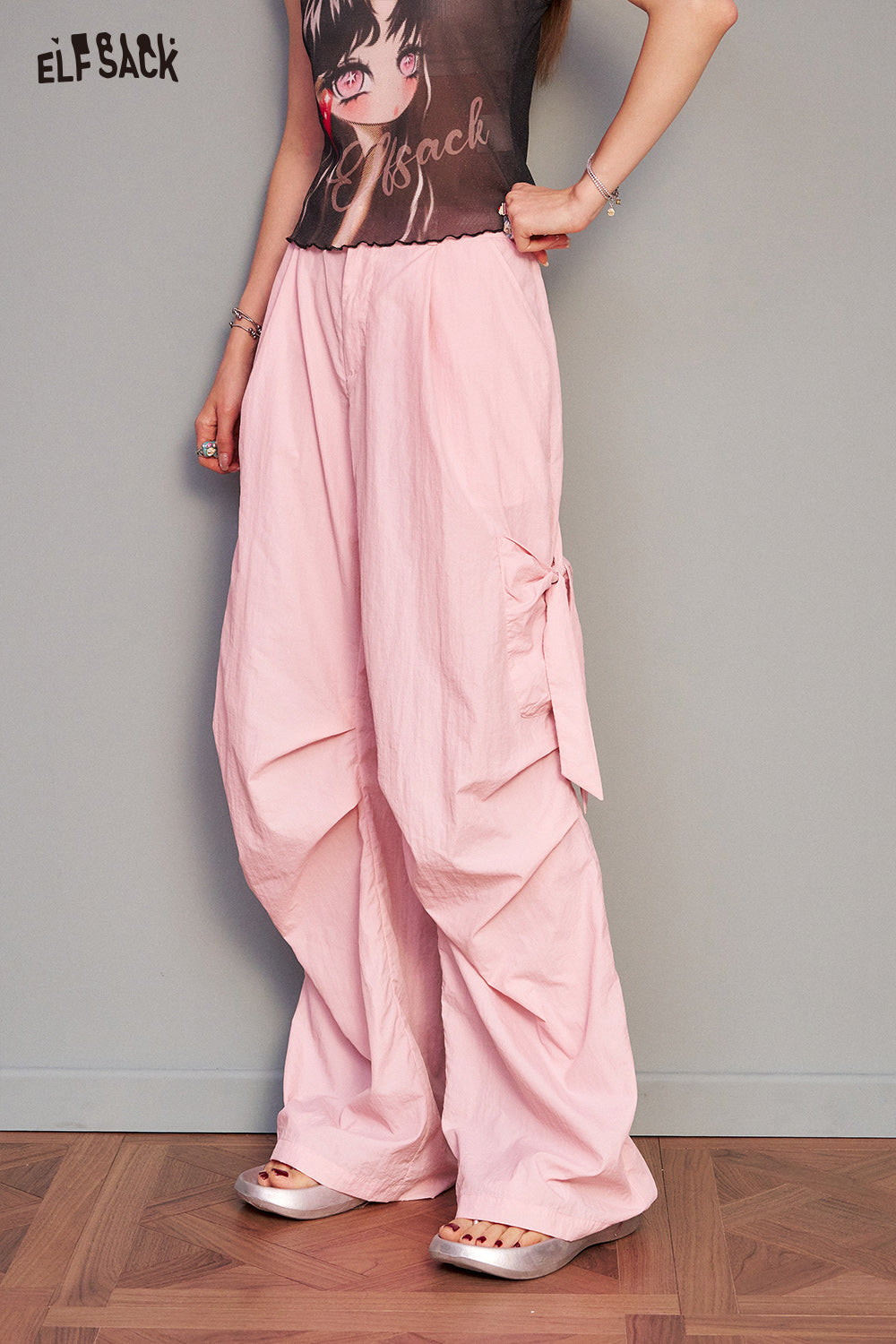 ELFSACK Pink Casual Cargo Wide Leg Pant