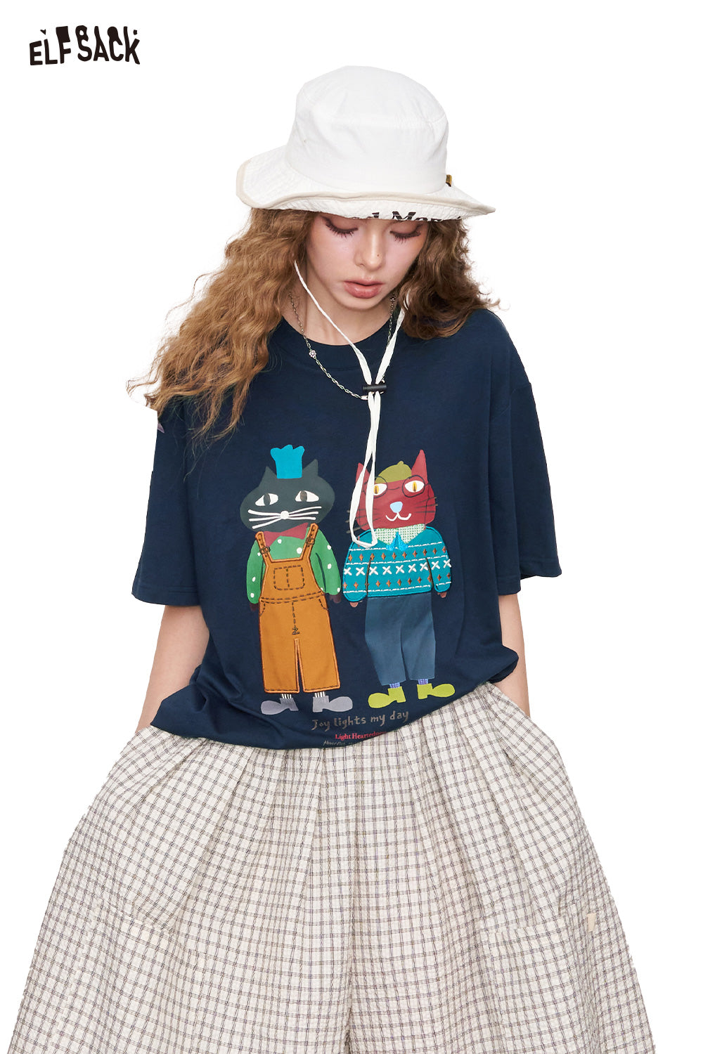 ELFSACK Pink Cat Print Short Sleeve T-Shirt