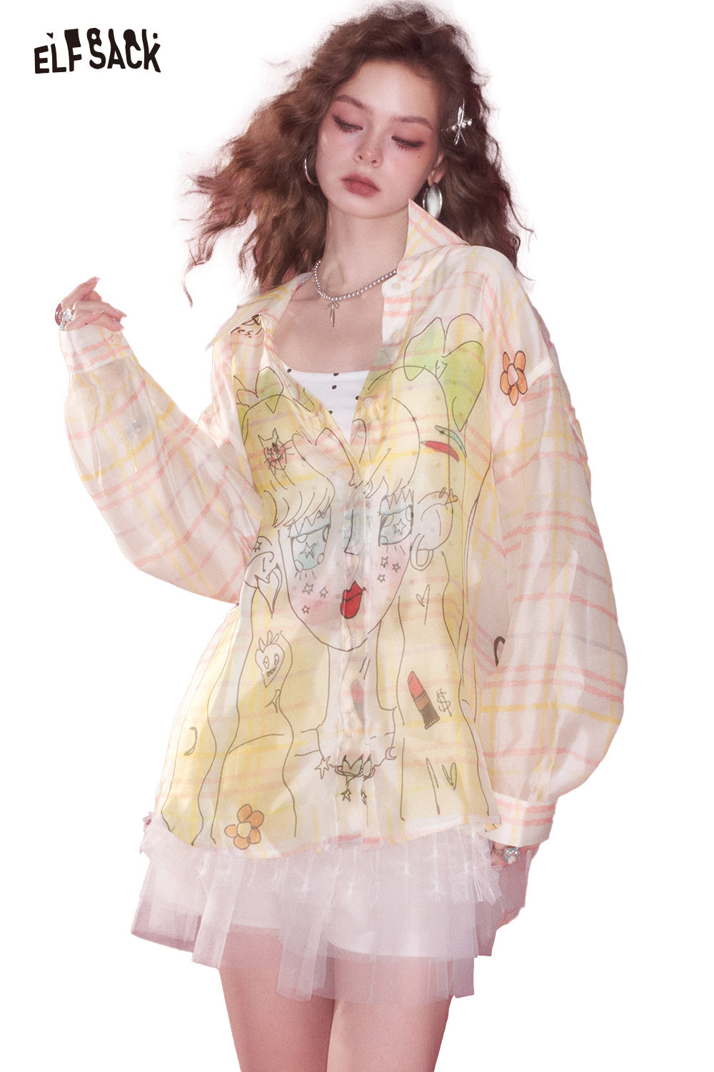 Elfsack Printed Checkered Light Loose Shirt