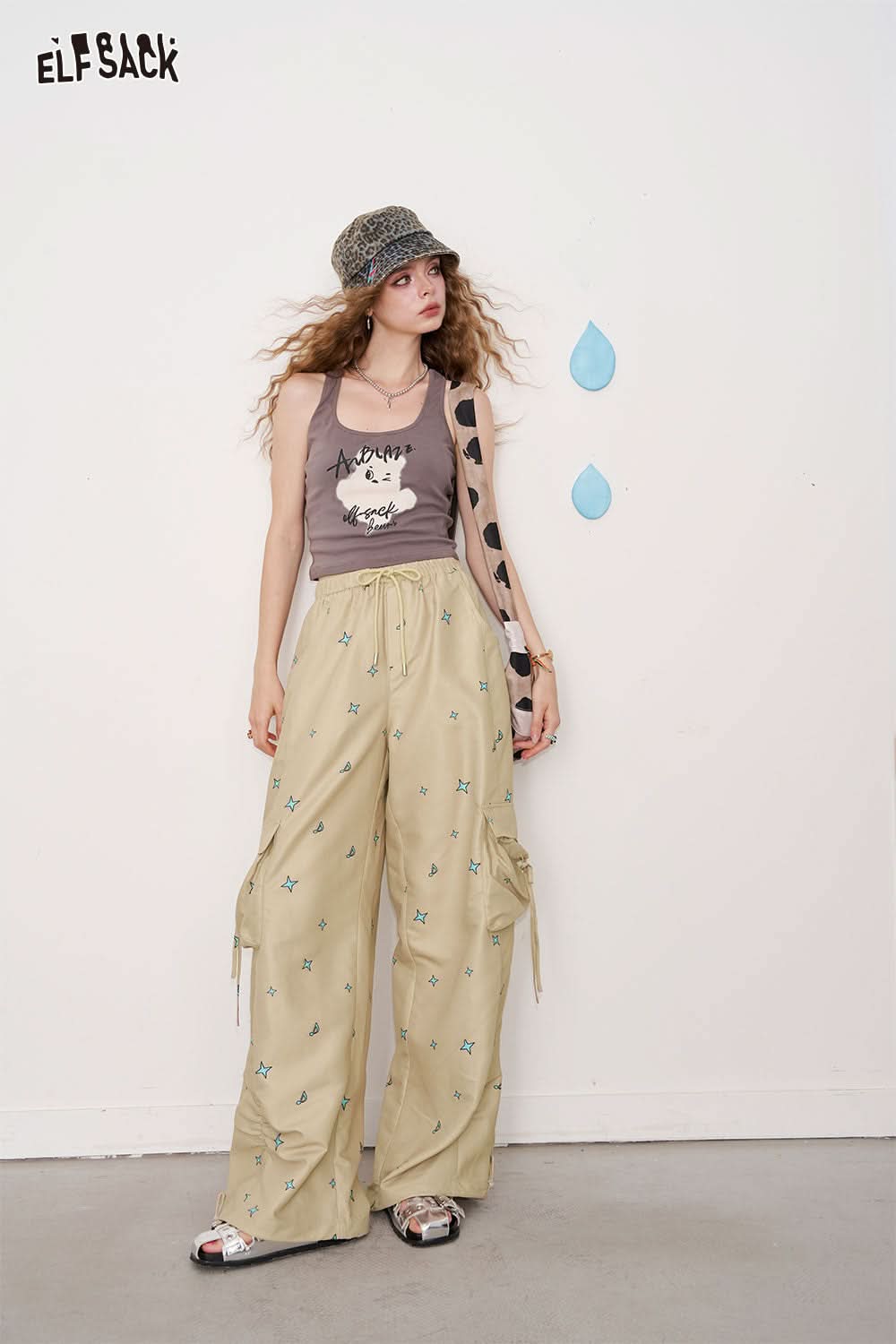 ELFSACK Printed Workwear Style Wide Leg Trousers