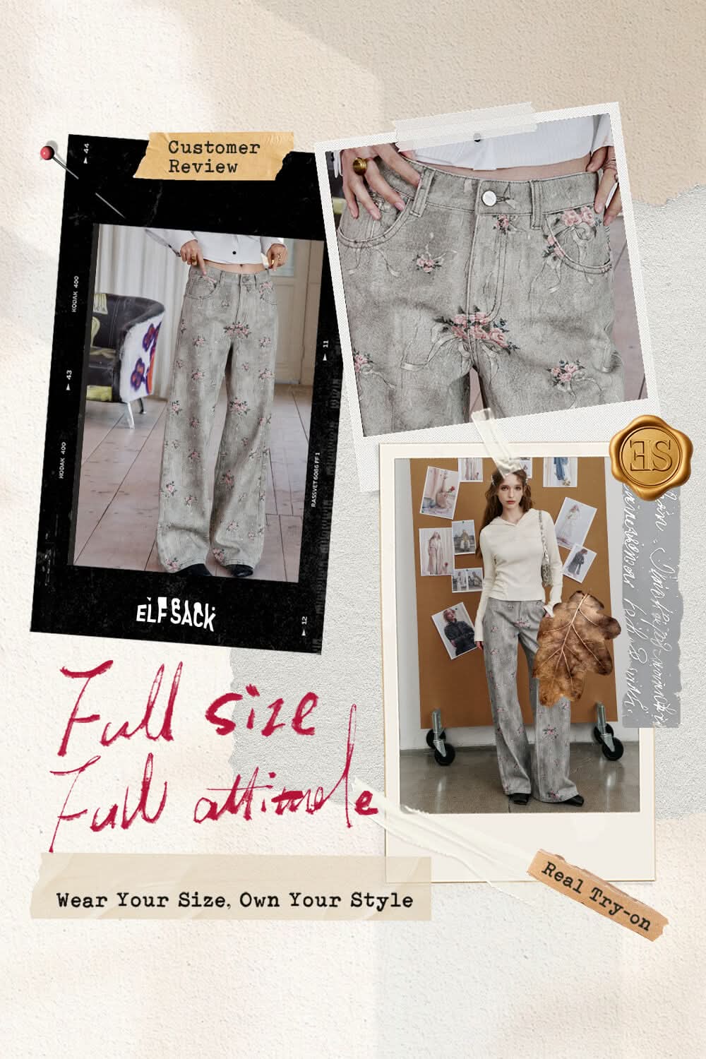 ELFSACK retro flower print wide leg jeans showcased in a stylish customer review collage