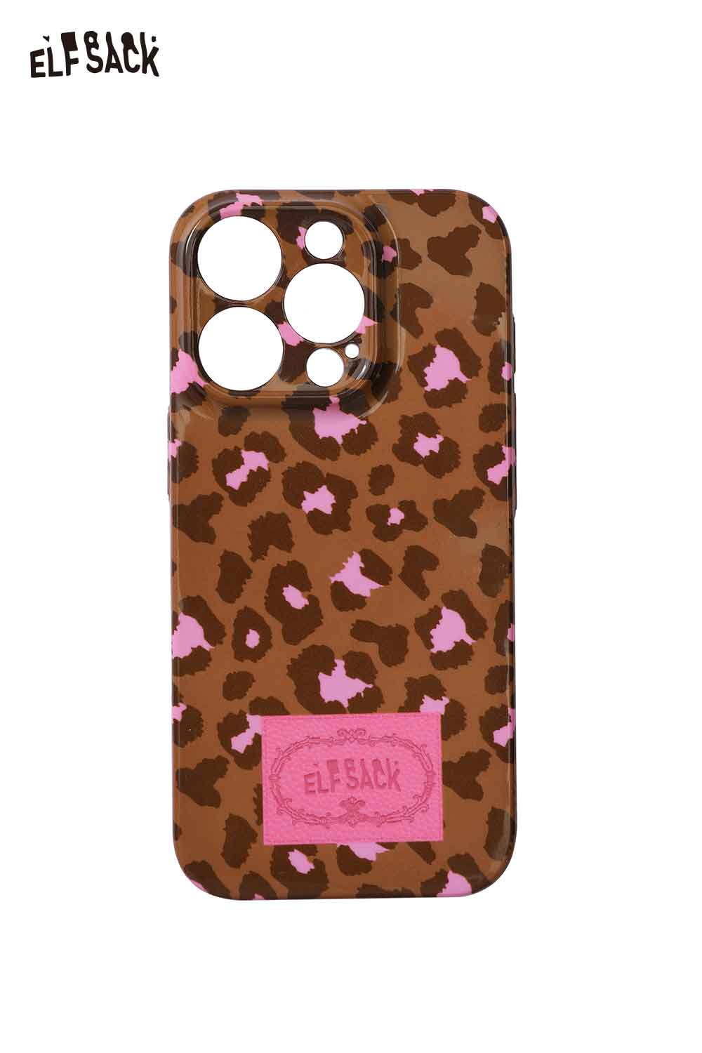 ELFSACK retro patterned phone case featuring a brown leopard print with pink accents