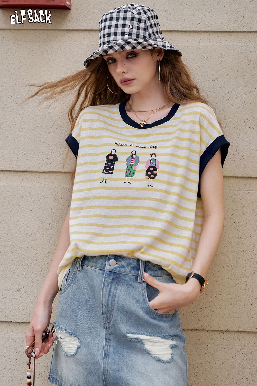 ELFSACK Retro Striped Casual Short Sleeve T-Shirt