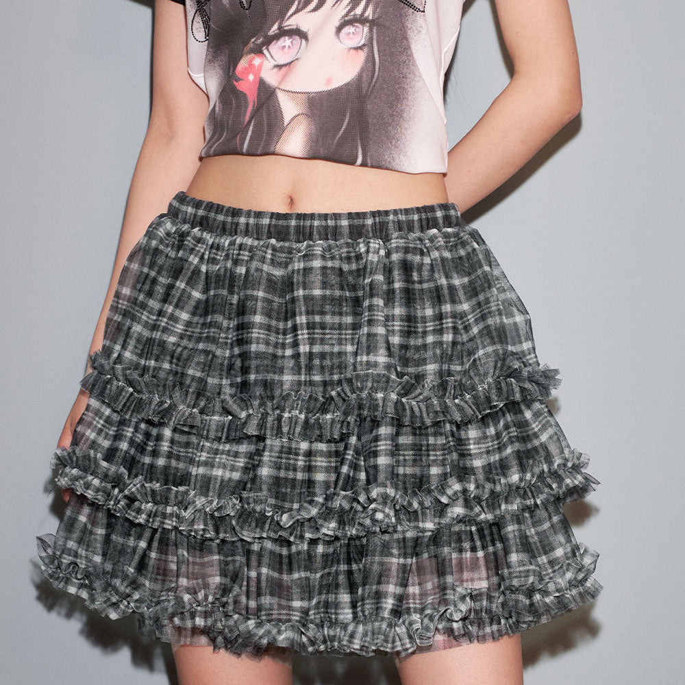 ELFSACK Ruffle Mesh Plaid Bustier Short Skirt