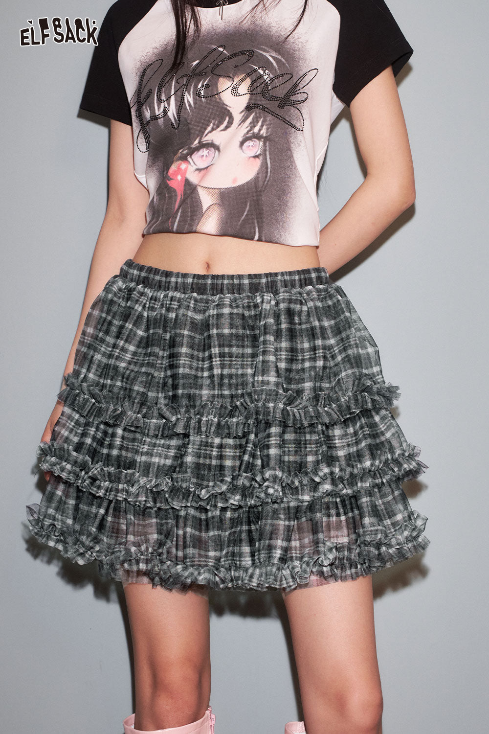 ELFSACK Ruffle Mesh Plaid Bustier Short Skirt