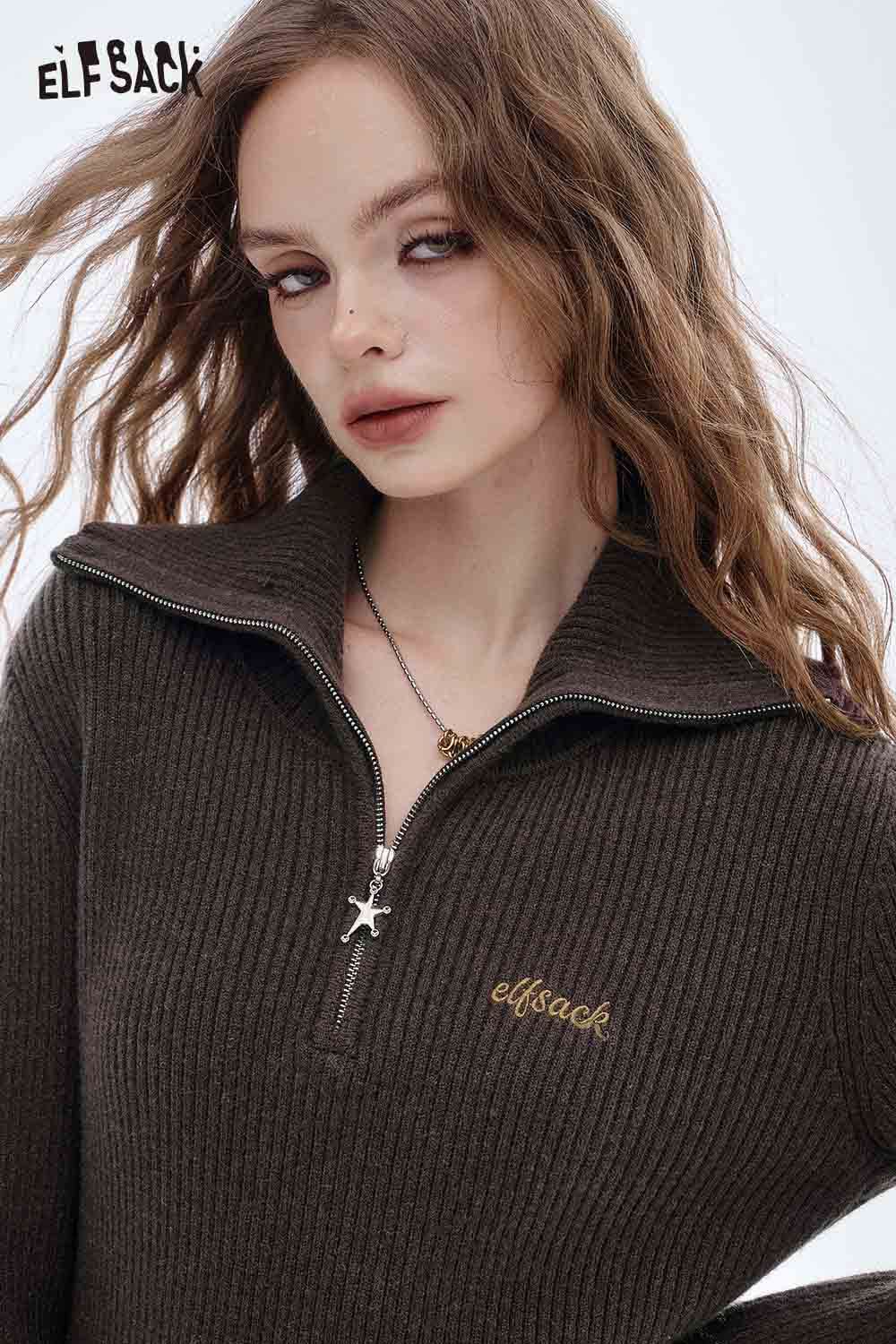 ELFSACK slim fit embroidered long dress with a stylish zipper and ribbed texture for a chic look