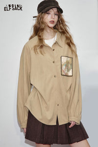 ELFSACK soft art print oversized shirt in beige with a unique illustration design on the front