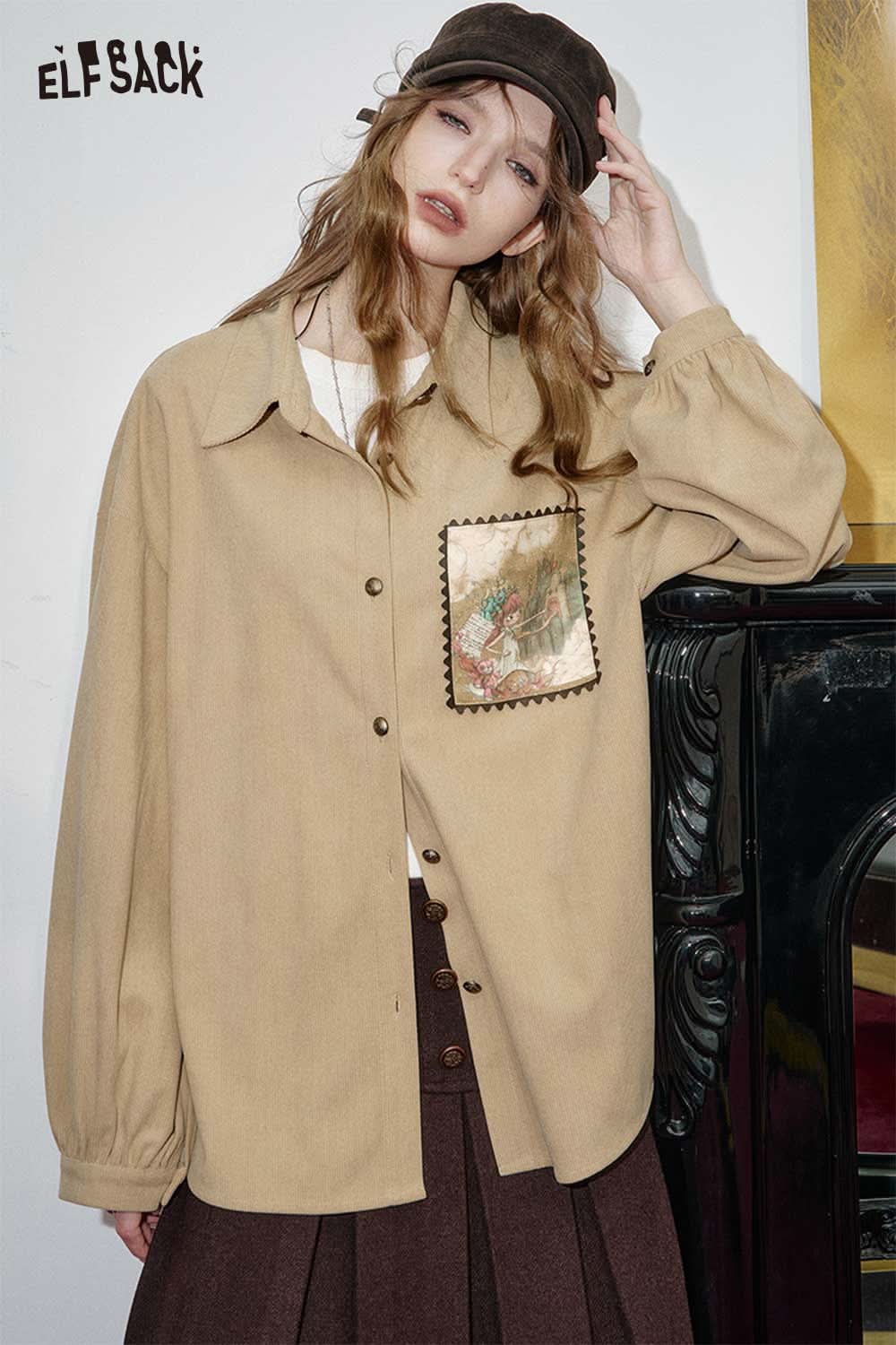 ELFSACK soft art print oversized shirt in beige with button closure and stylish pocket detail