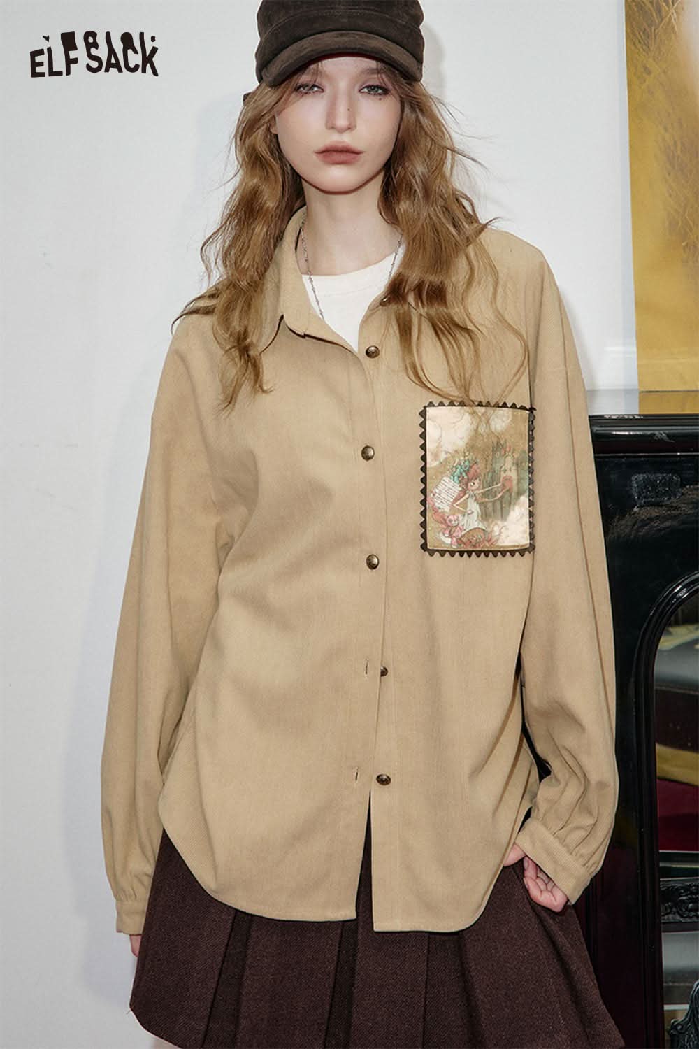 ELFSACK soft art print oversized shirt in beige with a unique stitched design pocket